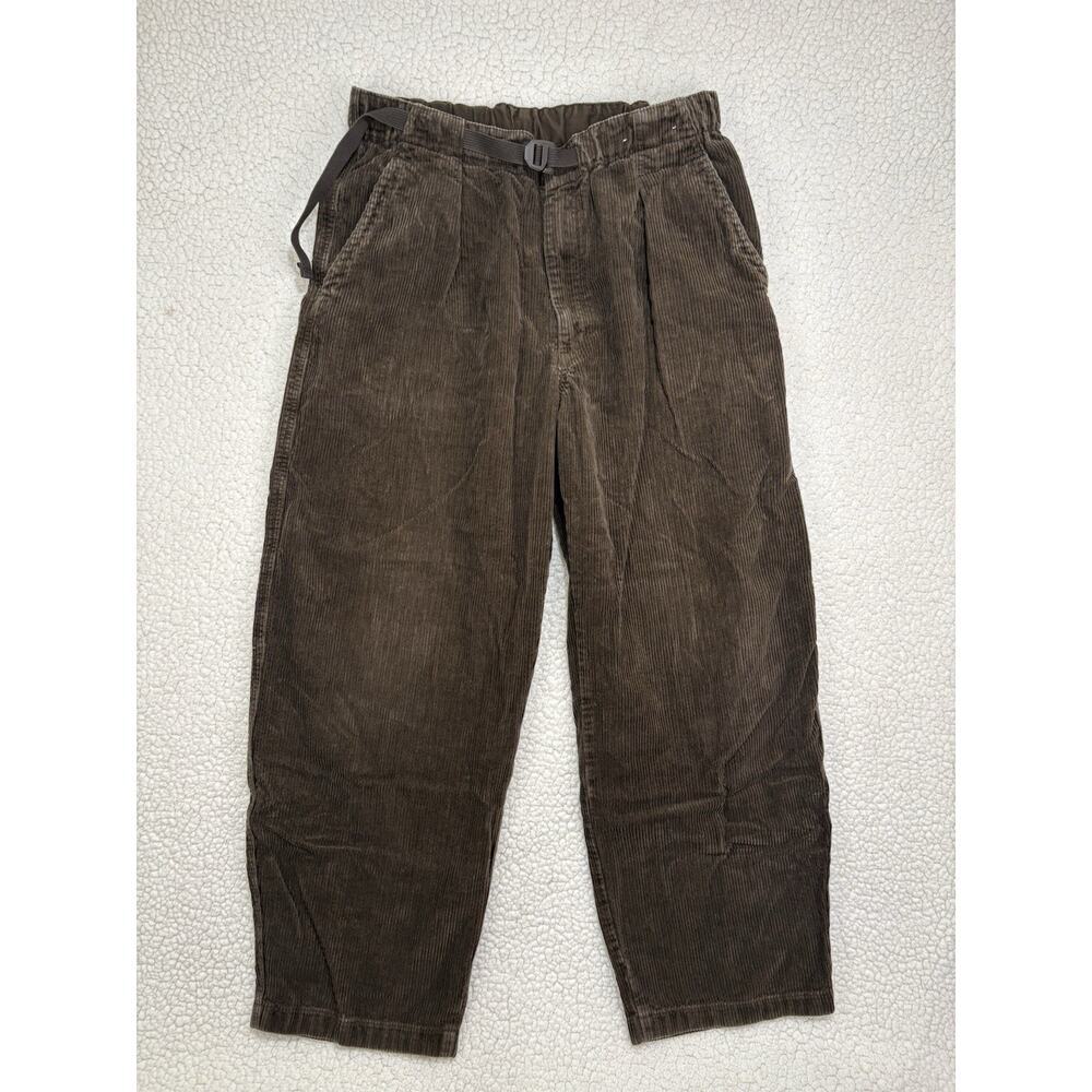Uniqlo Pleated Wide Leg Corduroy Pants Mens L Elastic Waist Chocolate Brown Belt - Picture 2 of 7